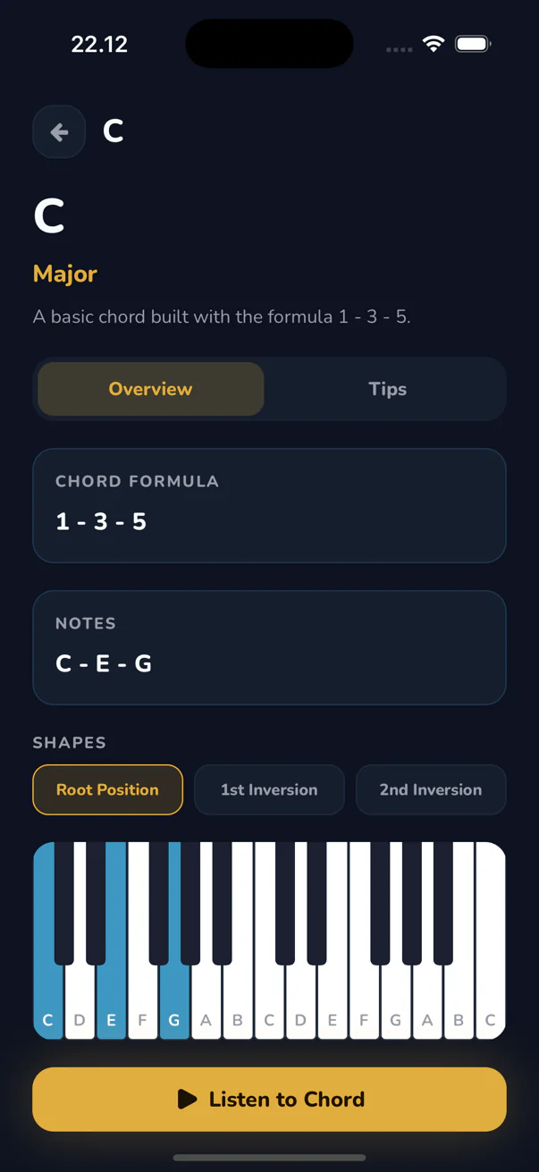 Celyris chord detail showing formula, notes and inversion shapes