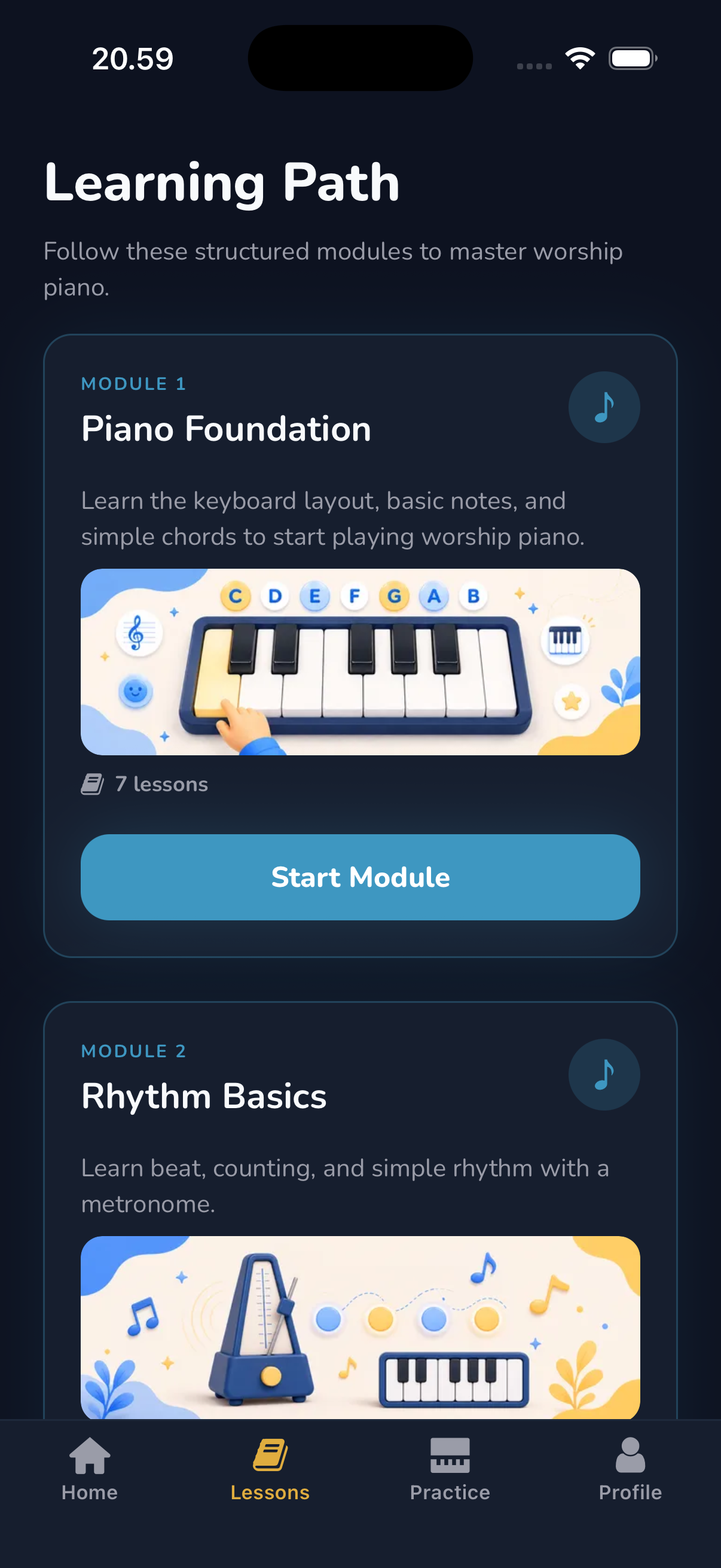 Celyris learning path screen with modules