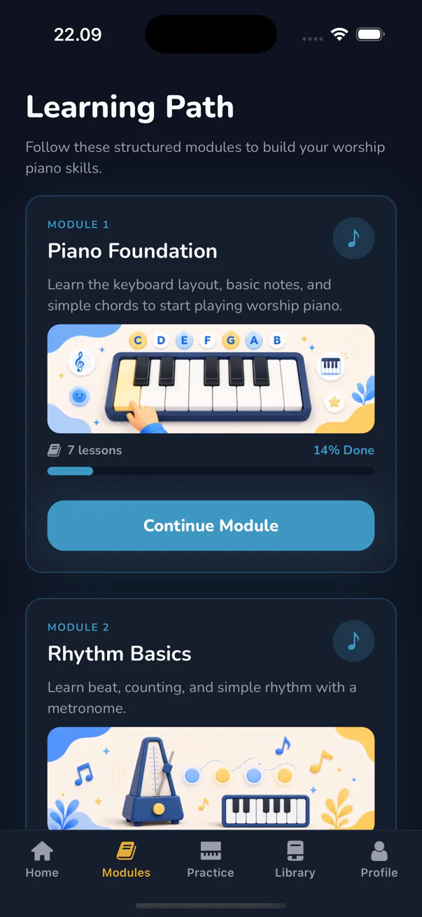Celyris learning path screen showing the modules in order