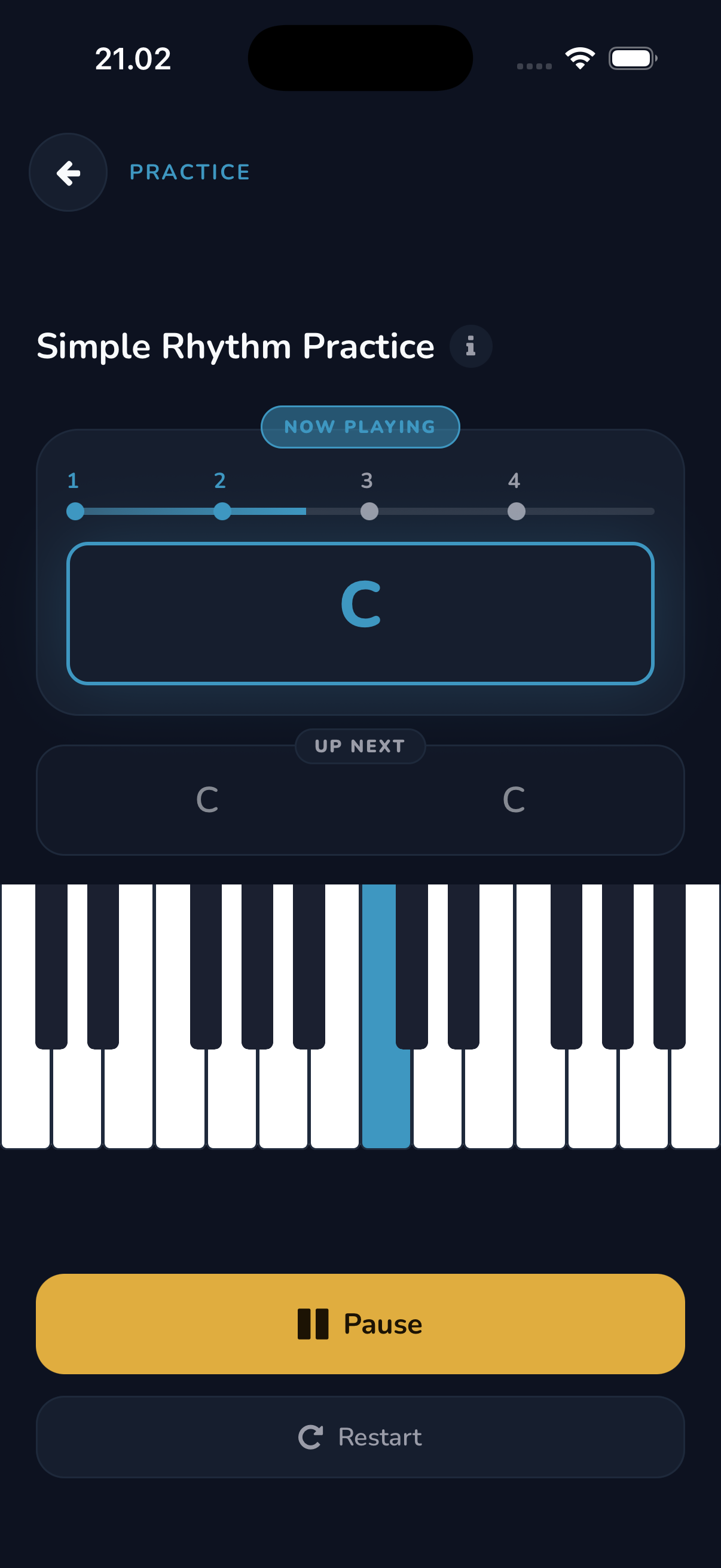 Celyris rhythm practice player with on-screen piano