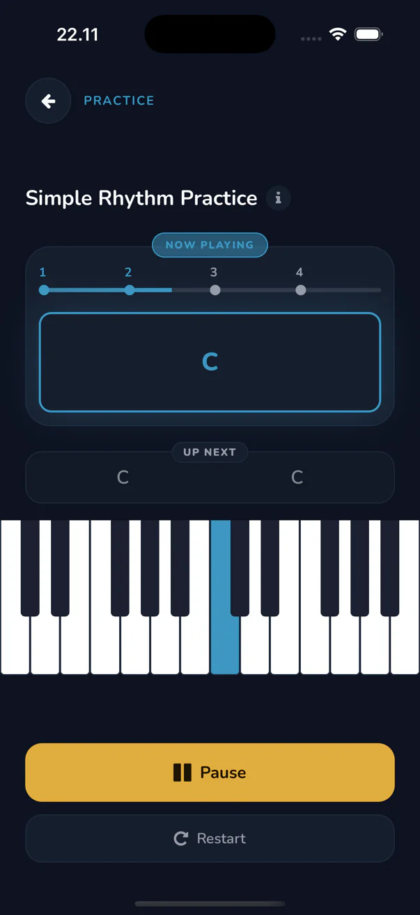 Celyris play-along with the current chord highlighted on the keyboard