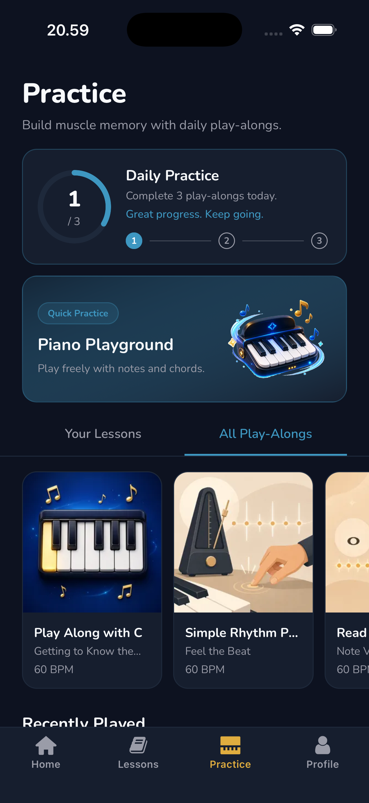 Celyris practice screen with daily play-alongs