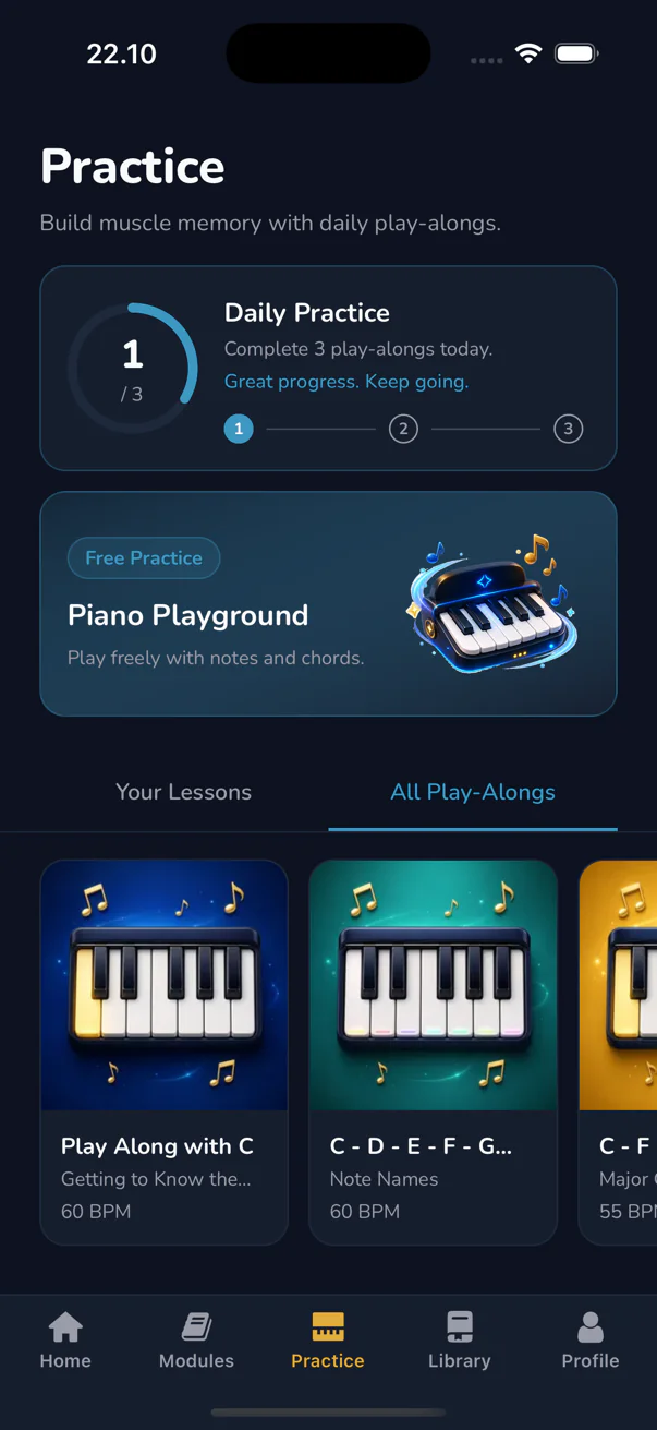 Celyris practice screen with the daily goal and Piano Playground
