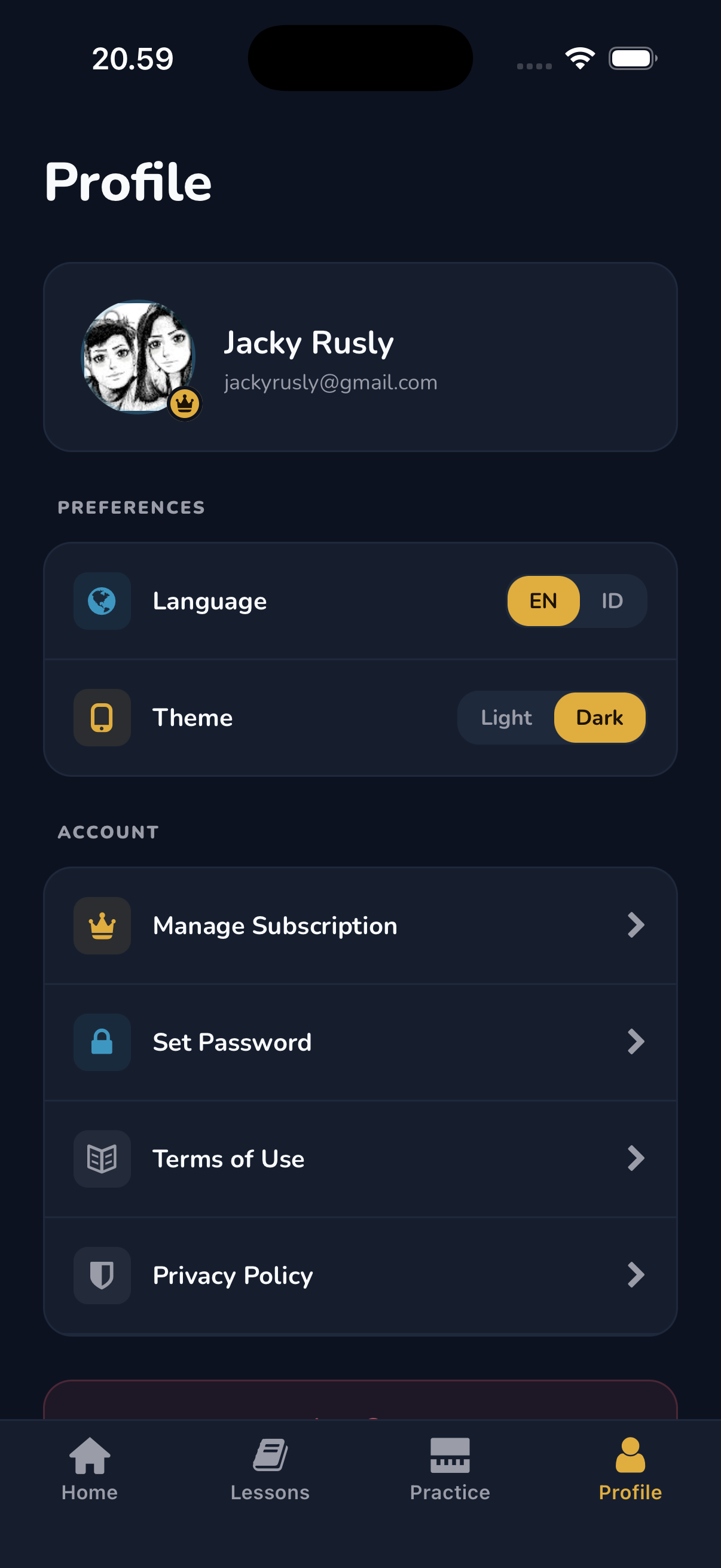 Celyris profile and settings screen