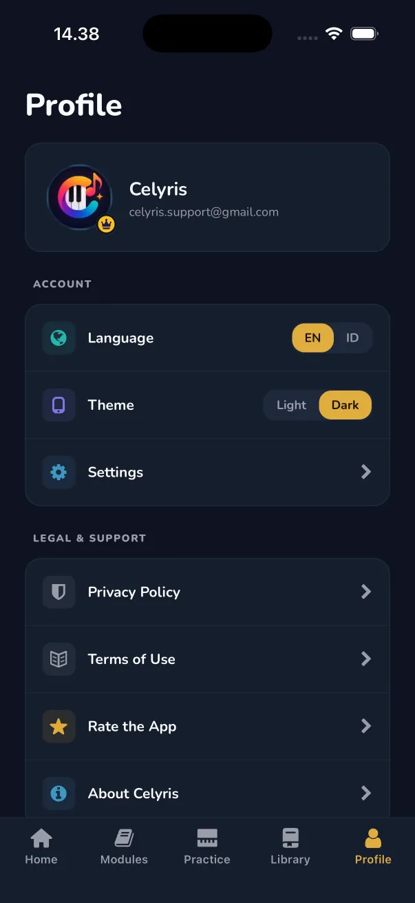 Celyris profile screen with language, theme and subscription settings