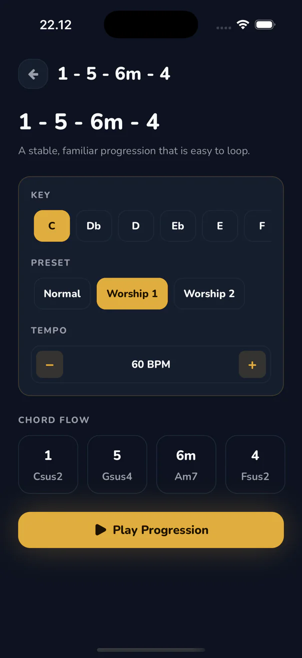 Celyris progression detail with key, voicing preset and tempo controls