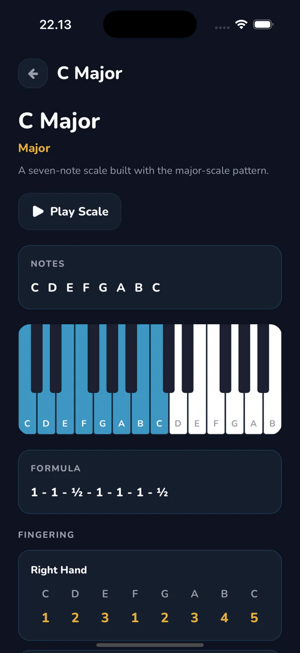 Celyris scale detail showing notes, formula and fingering